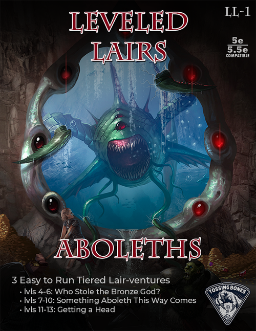 Cover of 'Leveled Lairs: Aboleths' with a creature and text on a dark background